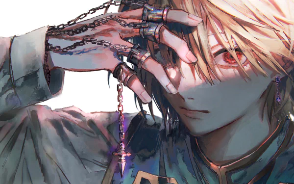 HD desktop wallpaper featuring Kurapika from Hunter x Hunter with blonde hair, red eyes, and intricate chains on his hand. This anime artwork captures an intense and detailed close-up of the character.