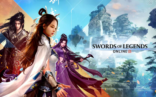 HD desktop wallpaper featuring Swords of Legends Online characters in dynamic poses with game logo on a fantasy backdrop.