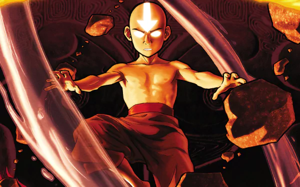 Aang from Avatar: The Last Airbender is depicted in this dynamic 4K Ultra HD wallpaper, showcasing his mastery of the elements with vibrant colors and intense energy.