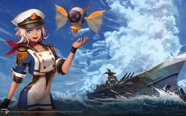 HD wallpaper of Dungeon Fighter Online with a female character in sailor outfit and companion against a backdrop of a stormy sea and battleship.