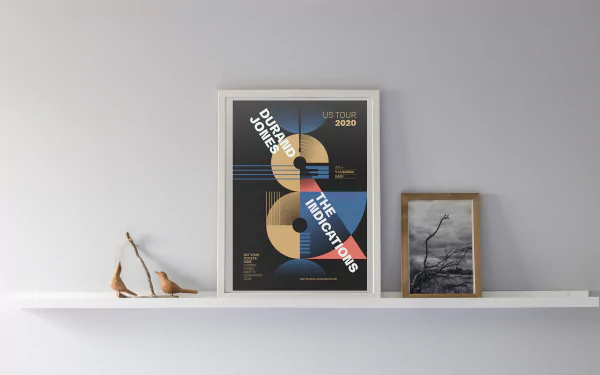 HD desktop wallpaper featuring a framed poster of Durand Jones & The Indications on a white shelf, with minimalistic decor and a serene vibe for background ambiance.