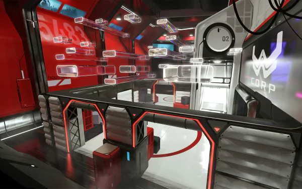 Futuristic red and white interior map from the game Splitgate, offering an immersive HD desktop wallpaper and background.