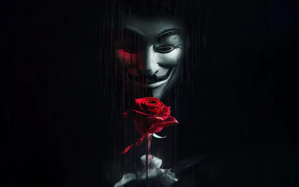 4K Ultra HD PC desktop wallpaper: an anonymous mask looms through digital rain above a single red rose, blending mask imagery with technology-themed darkness.