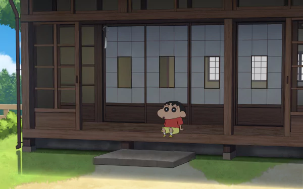 4K Ultra HD anime wallpaper featuring Shinchan Nohara from Crayon Shin-chan standing on the porch of a traditional Japanese house.