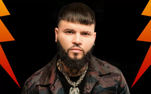 HD desktop wallpaper featuring a man with a beard in camo attire on an orange and black background, great for music fans.