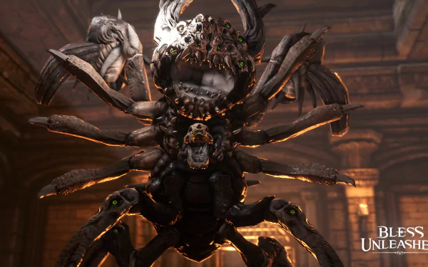 A high-definition wallpaper from the video game Bless Unleashed, featuring a formidable creature with multiple limbs and intricate details set in a dark, immersive environment.