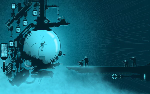 HD PC desktop wallpaper and background, sci-fi futuristic: glowing cyan mechanical sphere with a suspended figure, misty hovering platform with silhouettes and sprawling circuitry.