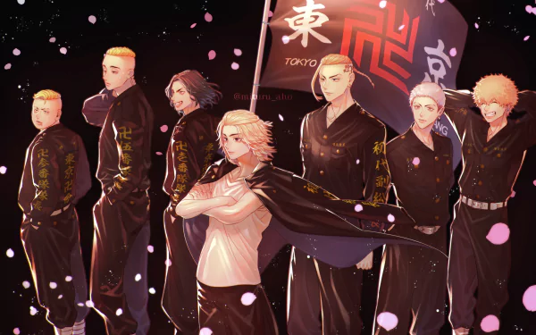 This HD desktop wallpaper features characters Nahoya Kawata, Haruki Hayashida, Takashi Mitsuya, Ken Ryuguji, Mikey Manjiro Sano, and Keisuke Baji from the anime Tokyo Revengers, under falling cherry blossoms.