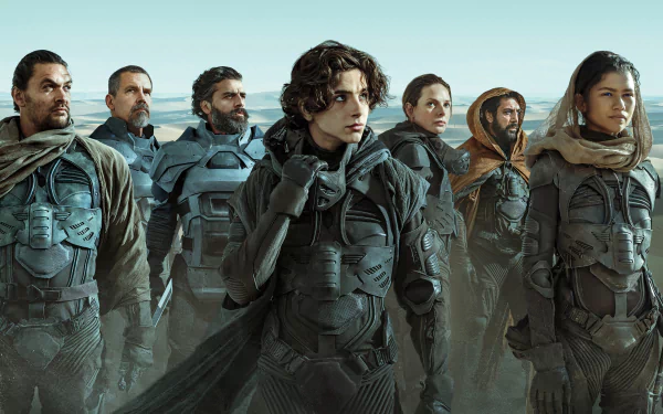 8K Ultra HD wallpaper featuring Oscar Isaac, Rebecca Ferguson, Josh Brolin, Jason Momoa, Zendaya, Javier Bardem, and Timothée Chalamet in the movie Dune (2021).