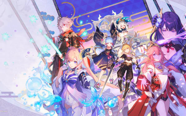 HD desktop wallpaper featuring characters Aether, Baal Raiden Shogun, Kamisato Ayaka, Kaedehara Kazuha, and Yae Miko Guuji from Genshin Impact, set in the Inazuma region from the video game Genshin Impact.