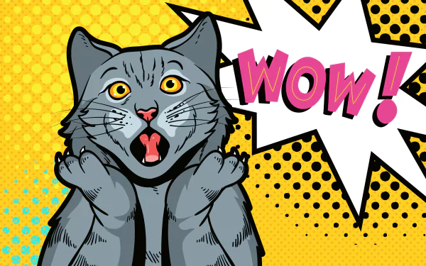 HD desktop wallpaper with a pop art style illustration featuring a surprised gray cat and a 'WOW!' speech bubble on a dotted yellow background.