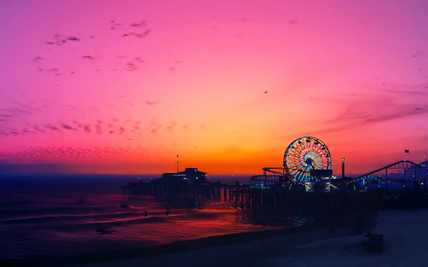 4K Ultra HD PC desktop wallpaper featuring a vibrant sunset over the iconic pier from the video game Grand Theft Auto V.