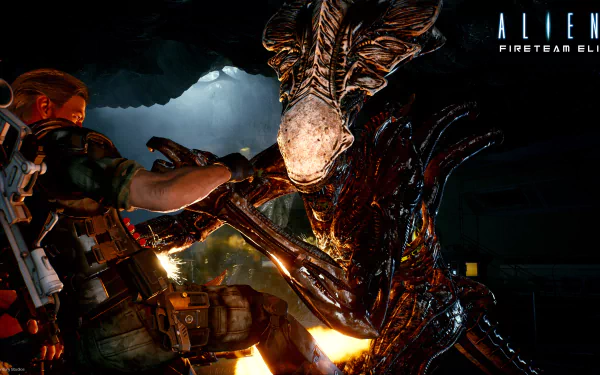 HD desktop wallpaper of Aliens: Fireteam Elite showcasing an intense battle scene with a Marine fighting a Xenomorph.