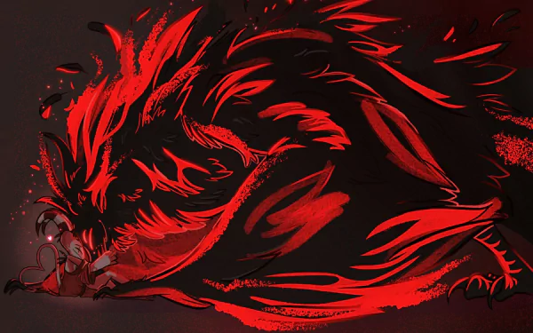 HD PC desktop wallpaper featuring Stolas and Blitzo from the TV show Helluva Boss, with a dark, intense red and black artistic design.