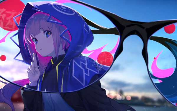 Kaf (Virtual Youtuber) hood blue eyes glasses pink hair Anime Virtual Youtuber HD Desktop Wallpaper | Background Image