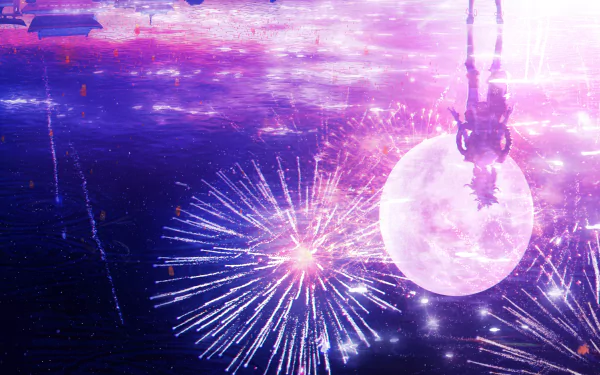 HD desktop wallpaper featuring Yoimiya from Genshin Impact with a background of vibrant fireworks against a night sky, creating a festive and colorful scene from the video game.