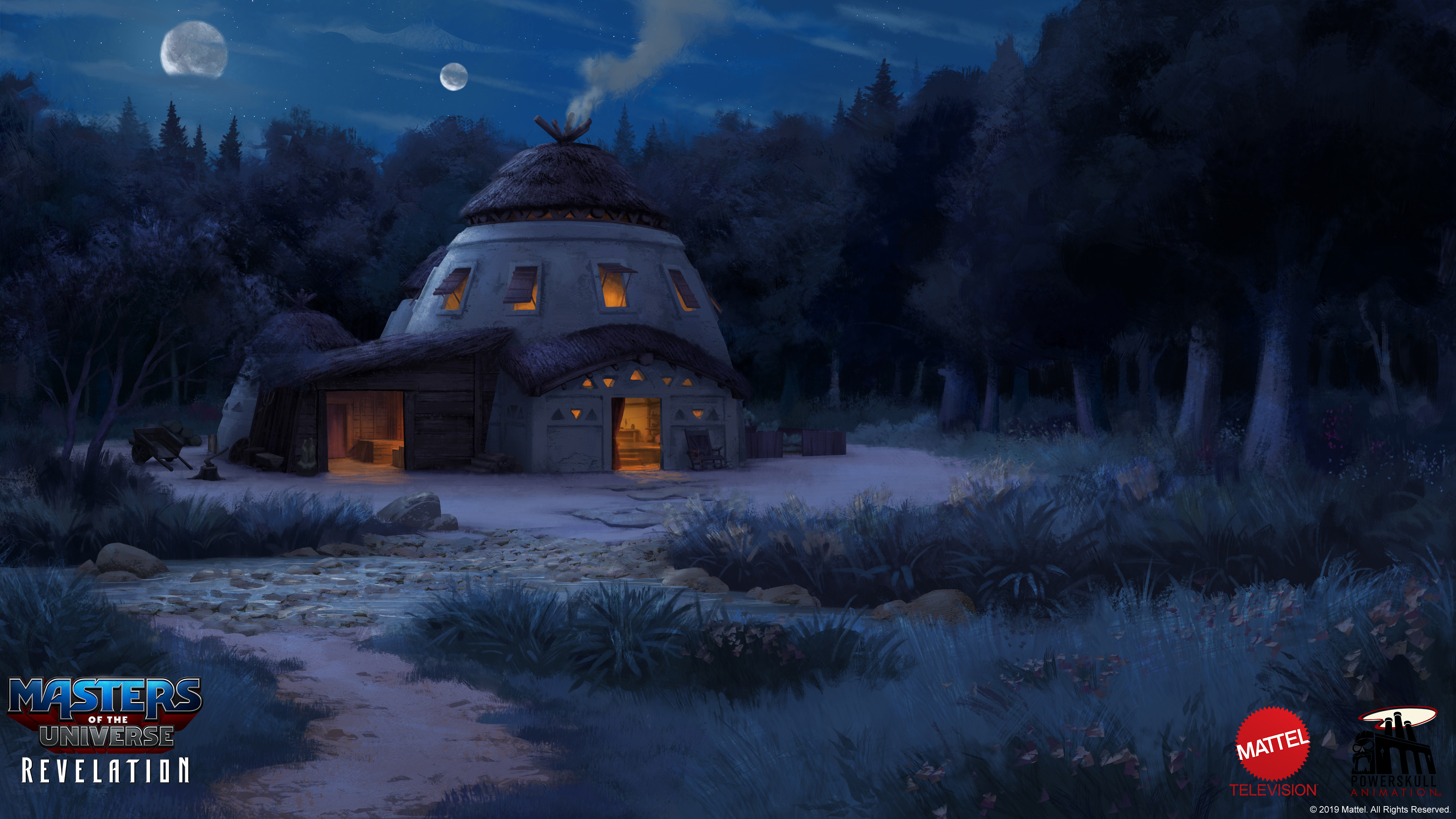 HD desktop wallpaper featuring a serene nighttime scene from Masters of the Universe: Revelation, with a cozy hut under a moonlit sky.