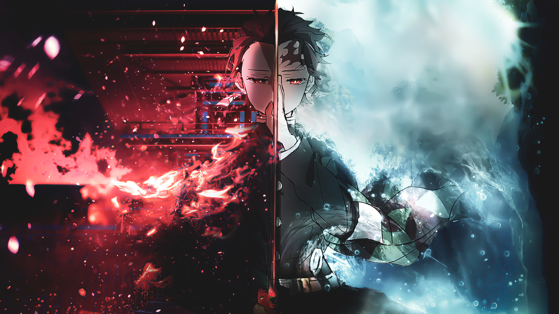 HD PC desktop wallpaper featuring a striking anime-style split image from Demon Slayer: Kimetsu no Yaiba, showcasing fiery red and icy blue elemental themes.