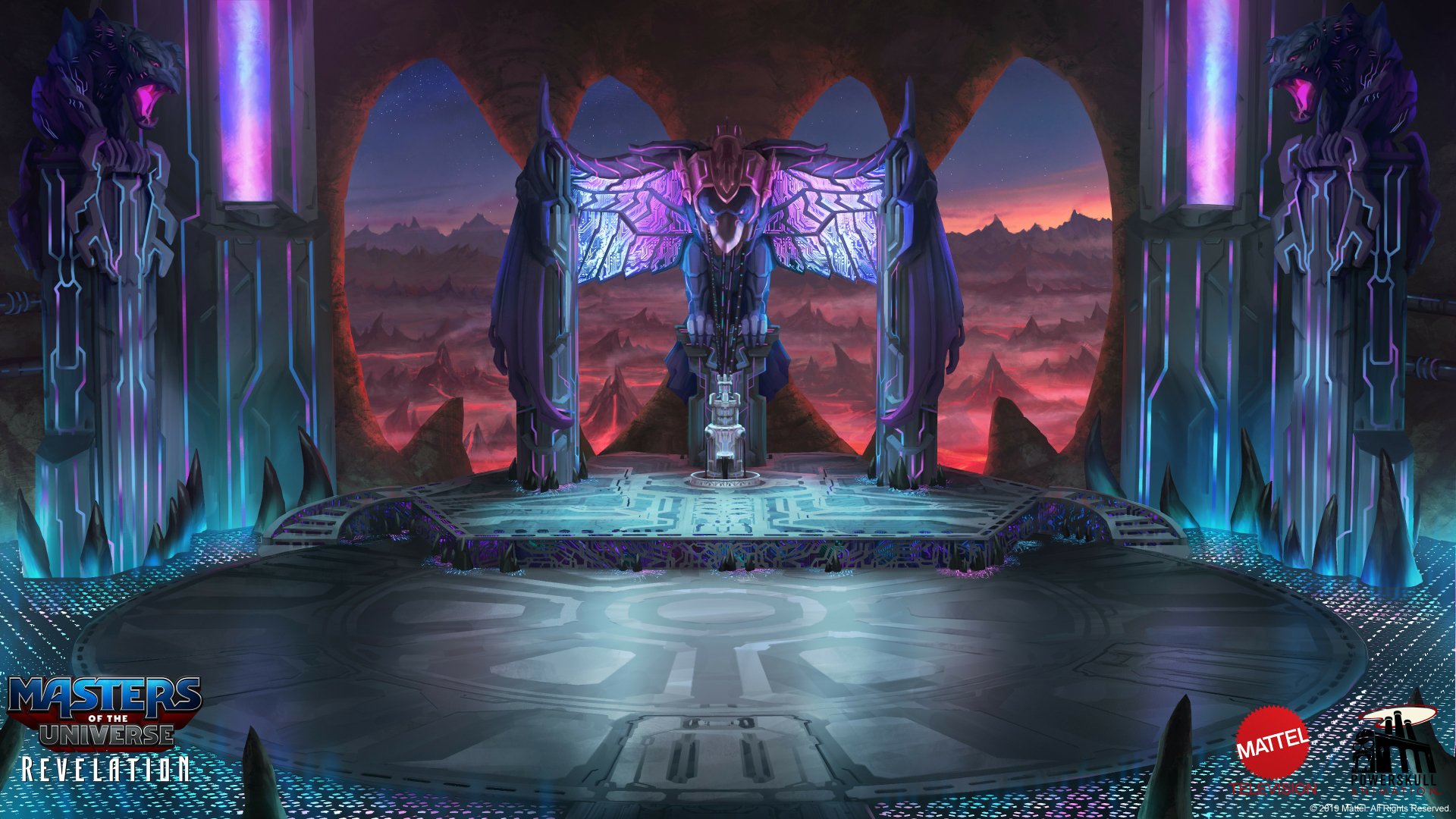 HD desktop wallpaper featuring a dramatic Masters of the Universe: Revelation scene with a majestic throne and mystical surroundings set against a backdrop of a red-hued sky.