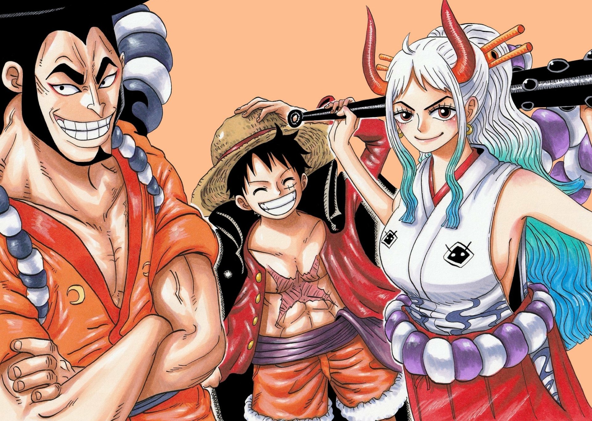 HD anime desktop wallpaper featuring Yamato, Monkey D. Luffy, and Kozuki Oden from One Piece, showcasing vibrant character designs against a soft peach background.