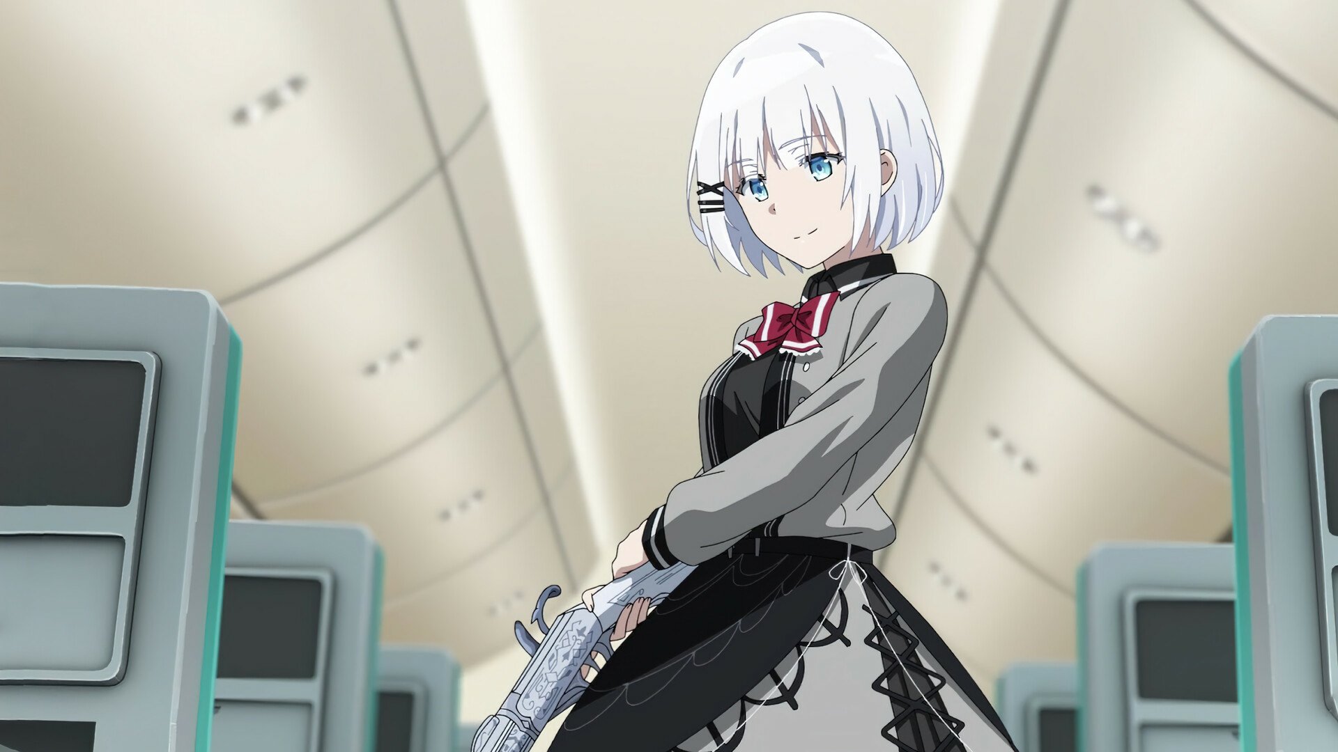 HD anime desktop wallpaper featuring Siesta from The Detective Is Already Dead, standing confidently with a gun in a futuristic, sleek setting.