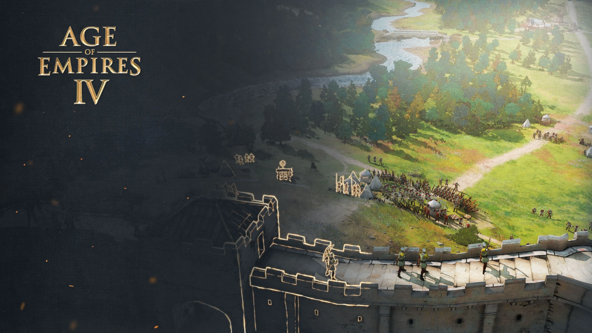 HD PC desktop wallpaper featuring a detailed Age of Empires IV scene with a fortified castle wall and surrounding landscape from the video game.