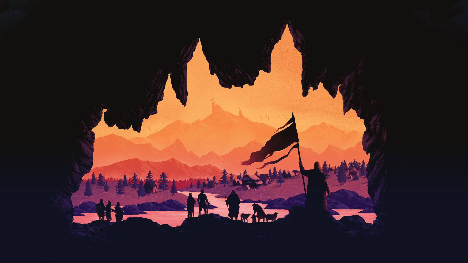 4K Ultra HD Age of Empires IV PC wallpaper showing silhouettes of figures and a flag inside a cave, overlooking a vibrant sunset landscape with mountains and forests.