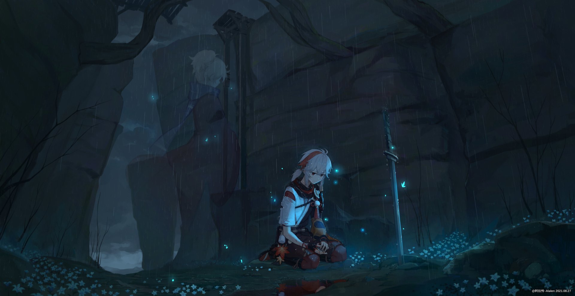 HD wallpaper featuring Kaedehara Kazuha from Genshin Impact, set in a mystical, dimly lit environment with glowing plants and a sword planted in the ground.