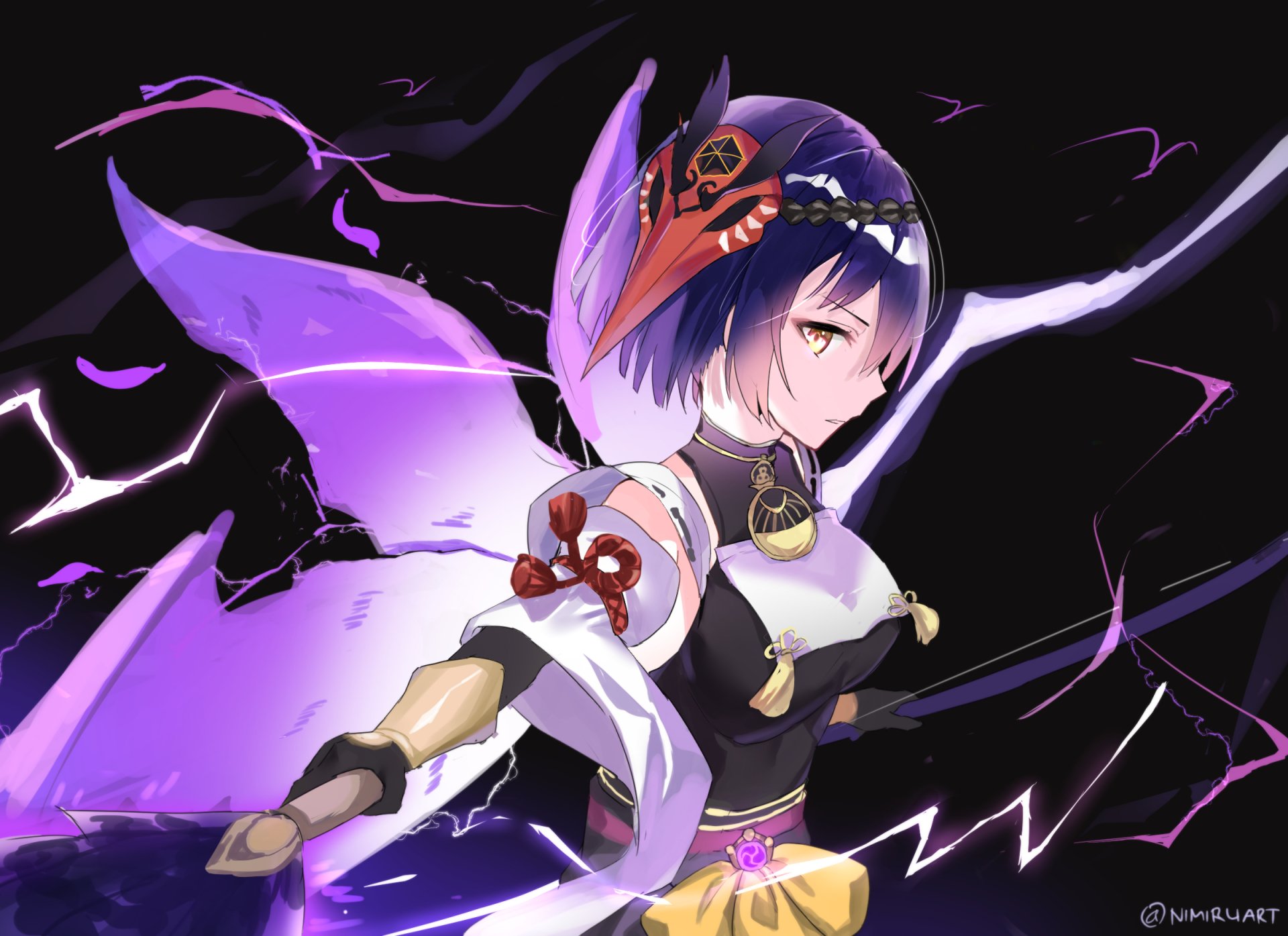 HD PC desktop wallpaper featuring Kujou Sara from the video game Genshin Impact, showcasing her in a dynamic, electrifying pose with purple and black tones.