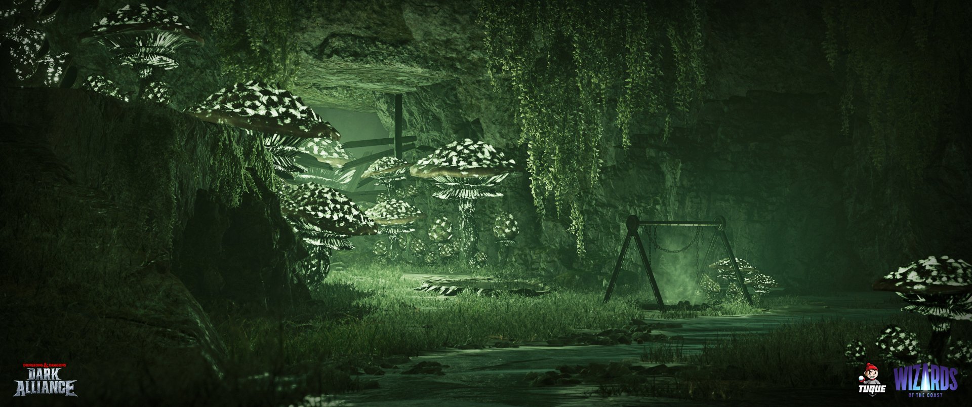 Mystical underground cavern from Dungeons & Dragons: Dark Alliance HD wallpaper with glowing mushrooms and hanging vines for desktop background.