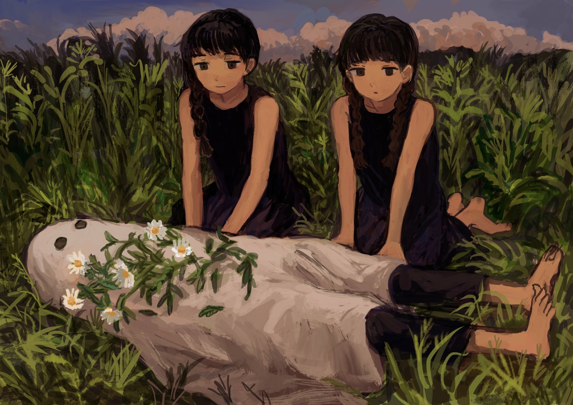 Anime-style 4K Ultra HD desktop wallpaper depicting two children in black dresses kneeling beside a figure lying in tall grass under a dusky sky.