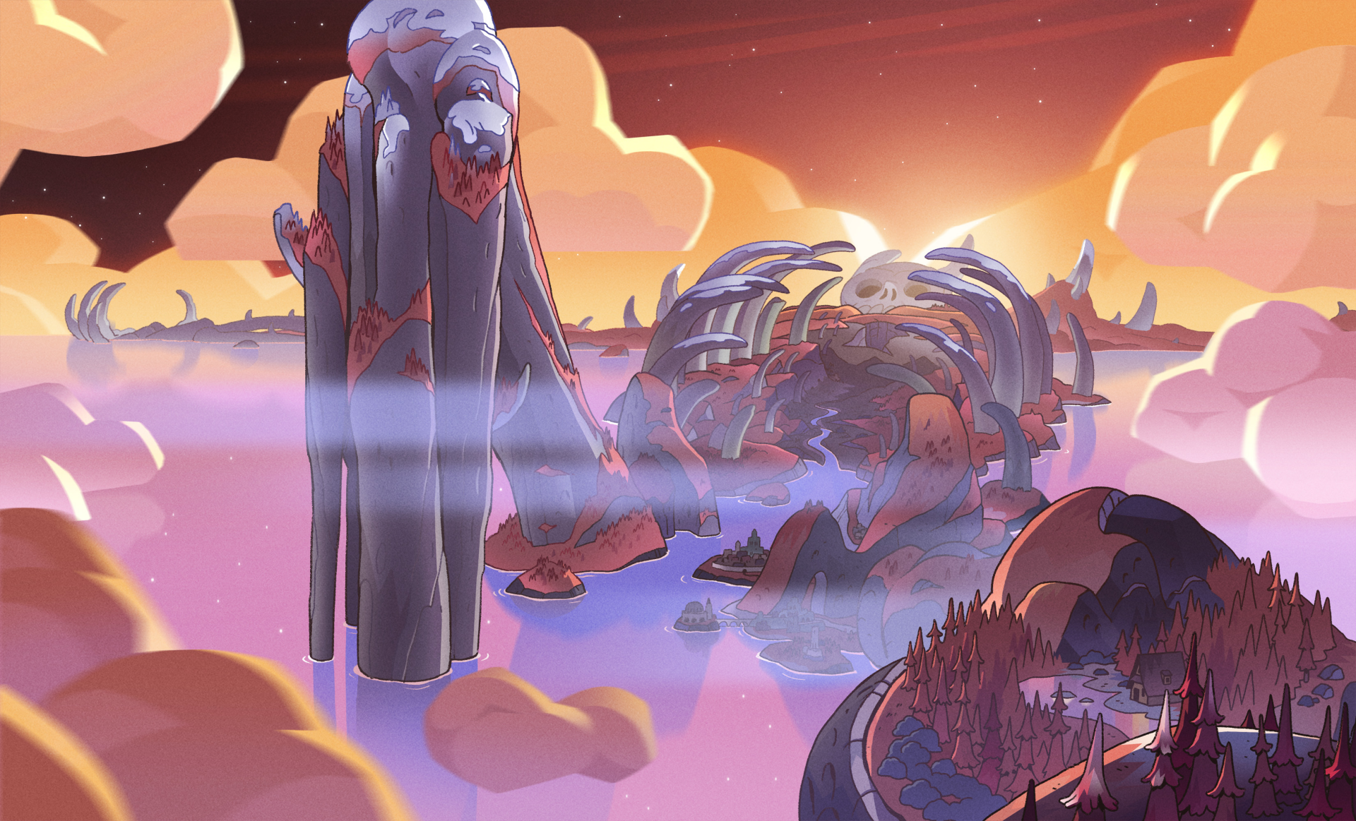 HD desktop wallpaper featuring a mystical landscape from The Boiling Isles in the TV show The Owl House, showcasing vibrant colors and surreal terrain.