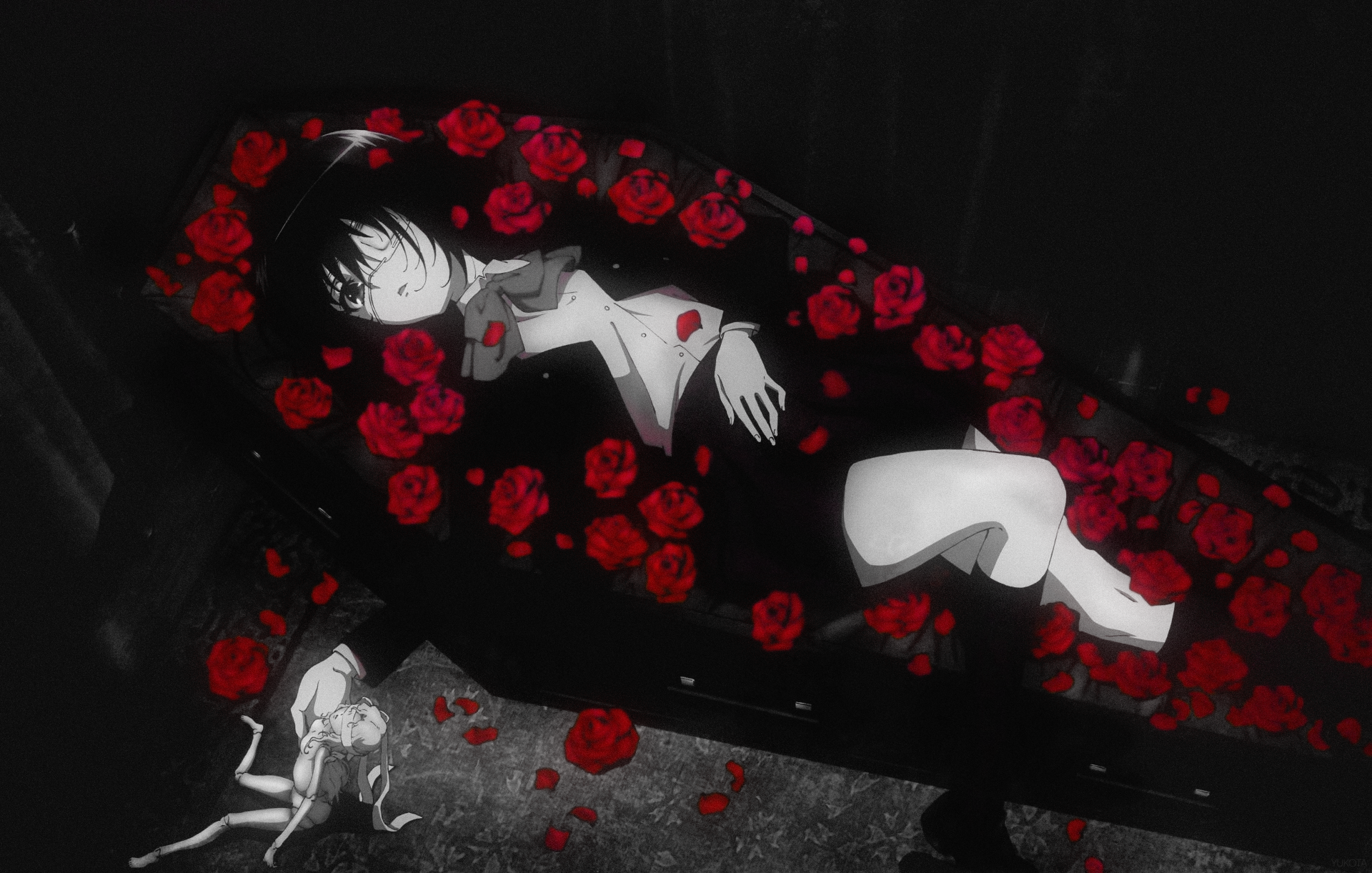 HD anime desktop wallpaper featuring Mei Misaki from Another, lying amidst a bed of vibrant red roses on a dark background.