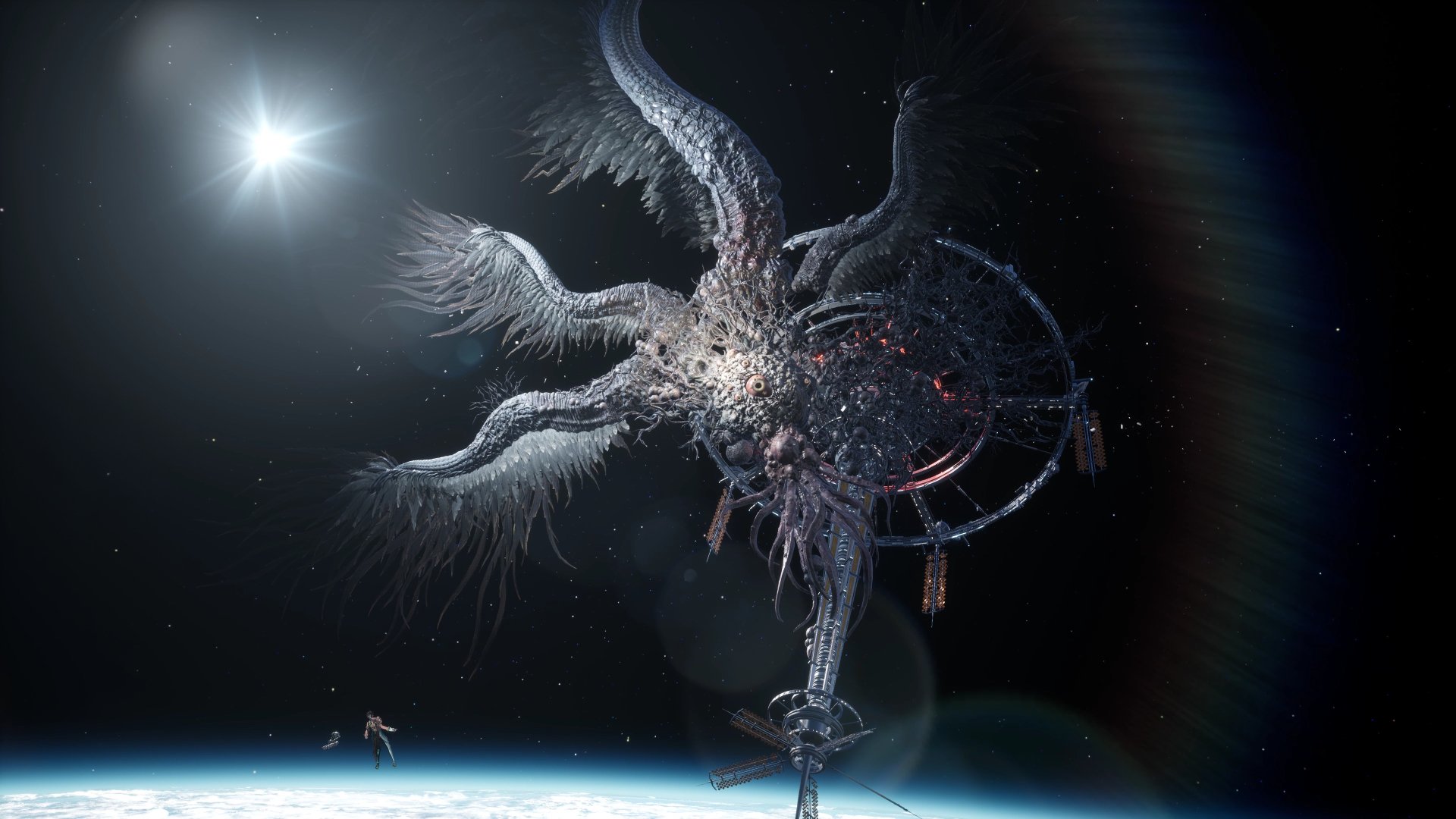 4K Ultra HD PC desktop wallpaper and background for the video game Stellar Blade: a colossal organic space‑structure with twisting tendrils and a glowing core floating above a blue planet.