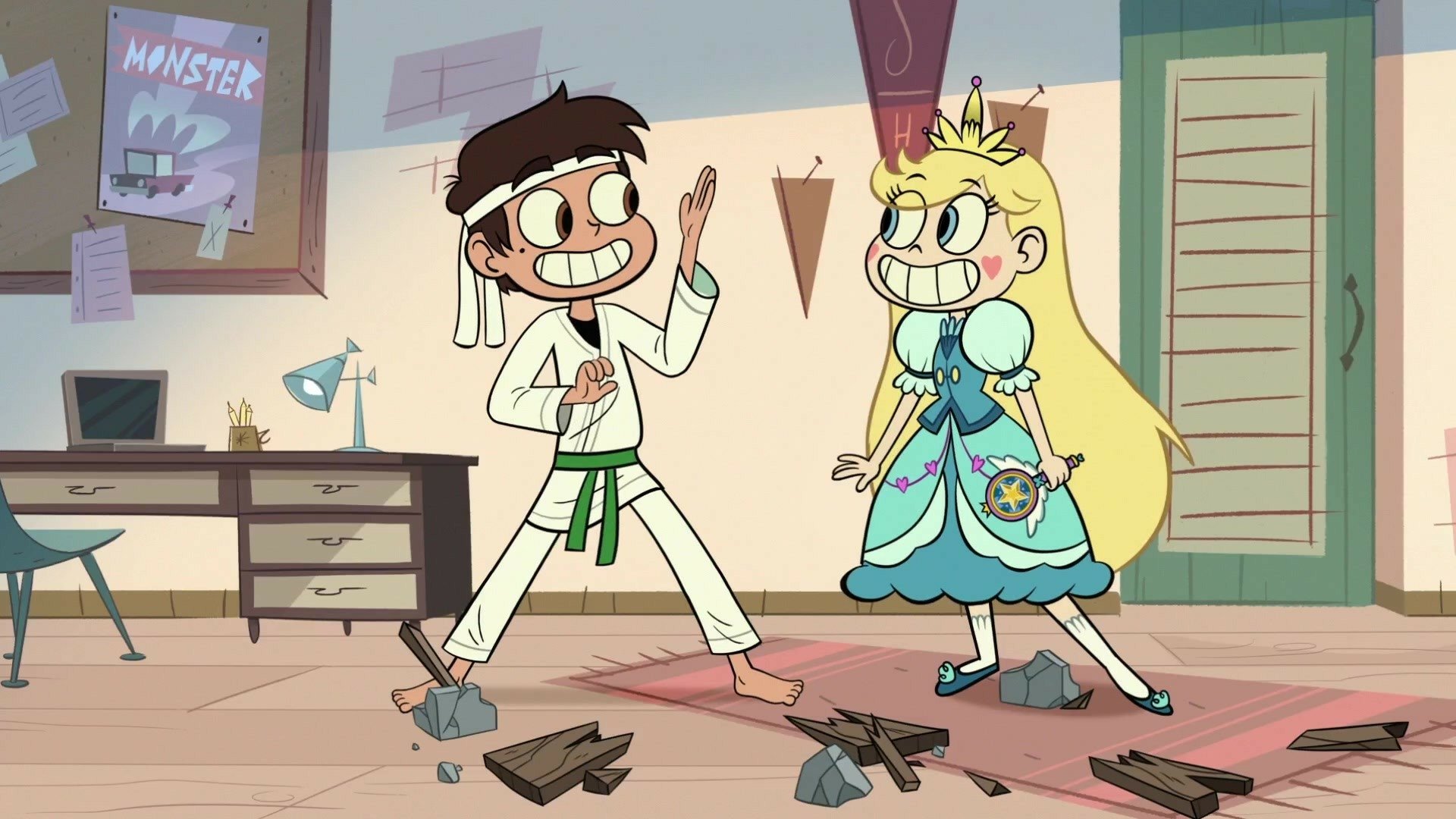 A cheerful HD wallpaper featuring Star Butterfly and Marco Diaz from the TV show Star vs. the Forces of Evil, both smiling in a lively scene with broken wooden boards on the floor.