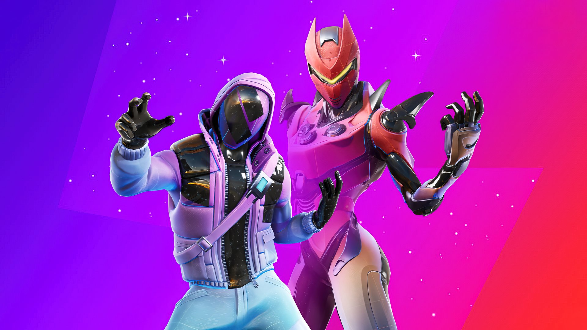 Vibrant 4K Ultra HD Fortnite wallpaper featuring two futuristic characters in dynamic poses against a glowing, colorful background for PC desktop.