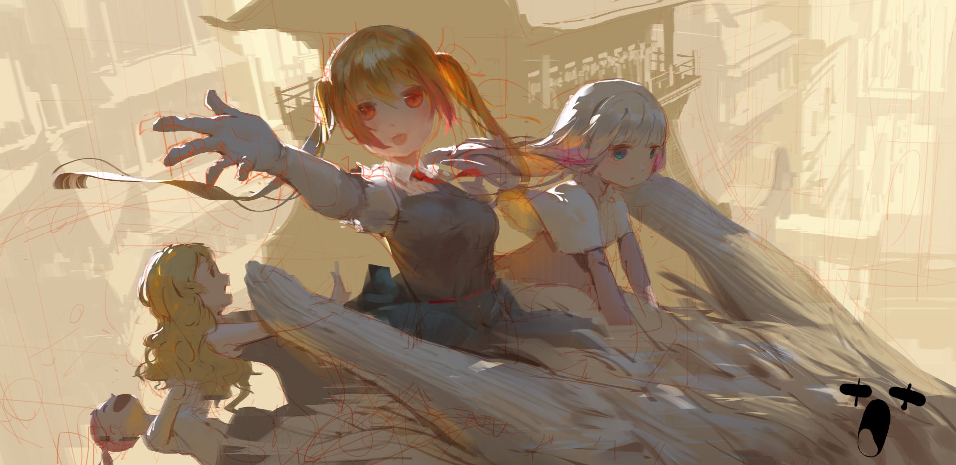 HD anime desktop wallpaper featuring Quetzalcoatl, Tohru, Kobayashi, and Kanna Kamui from Miss Kobayashi's Dragon Maid in a dynamic, warm-toned scene.