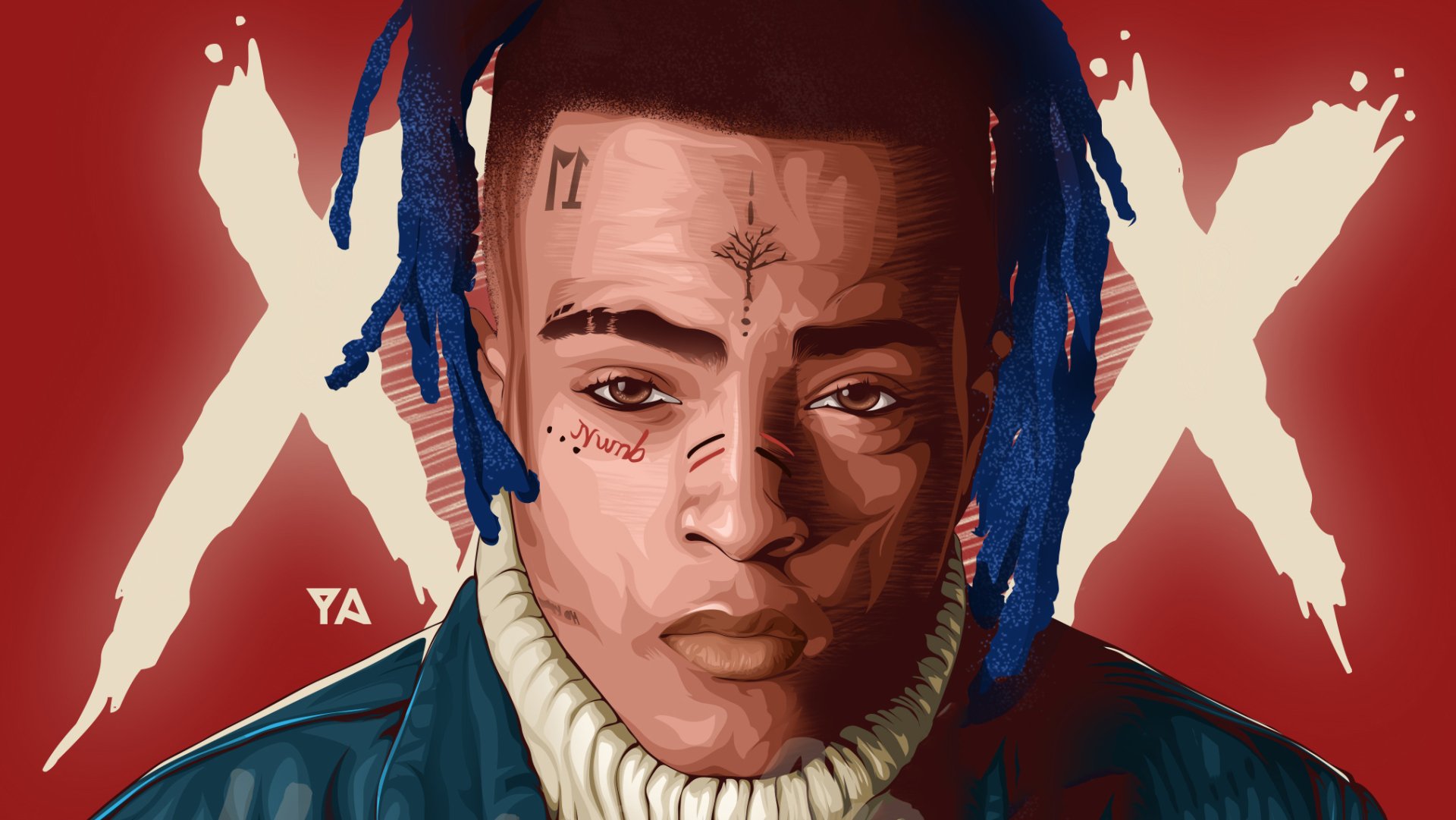 HD PC desktop wallpaper featuring a stylized digital portrait of XXXTentacion against a red background with a bold white XX symbol.