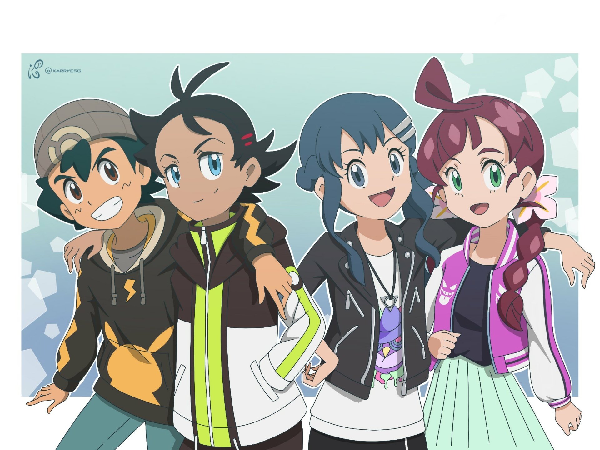 HD anime wallpaper featuring Pokémon characters Ash Ketchum, Goh, Dawn, and Chloe standing together with cheerful expressions and casual outfits.