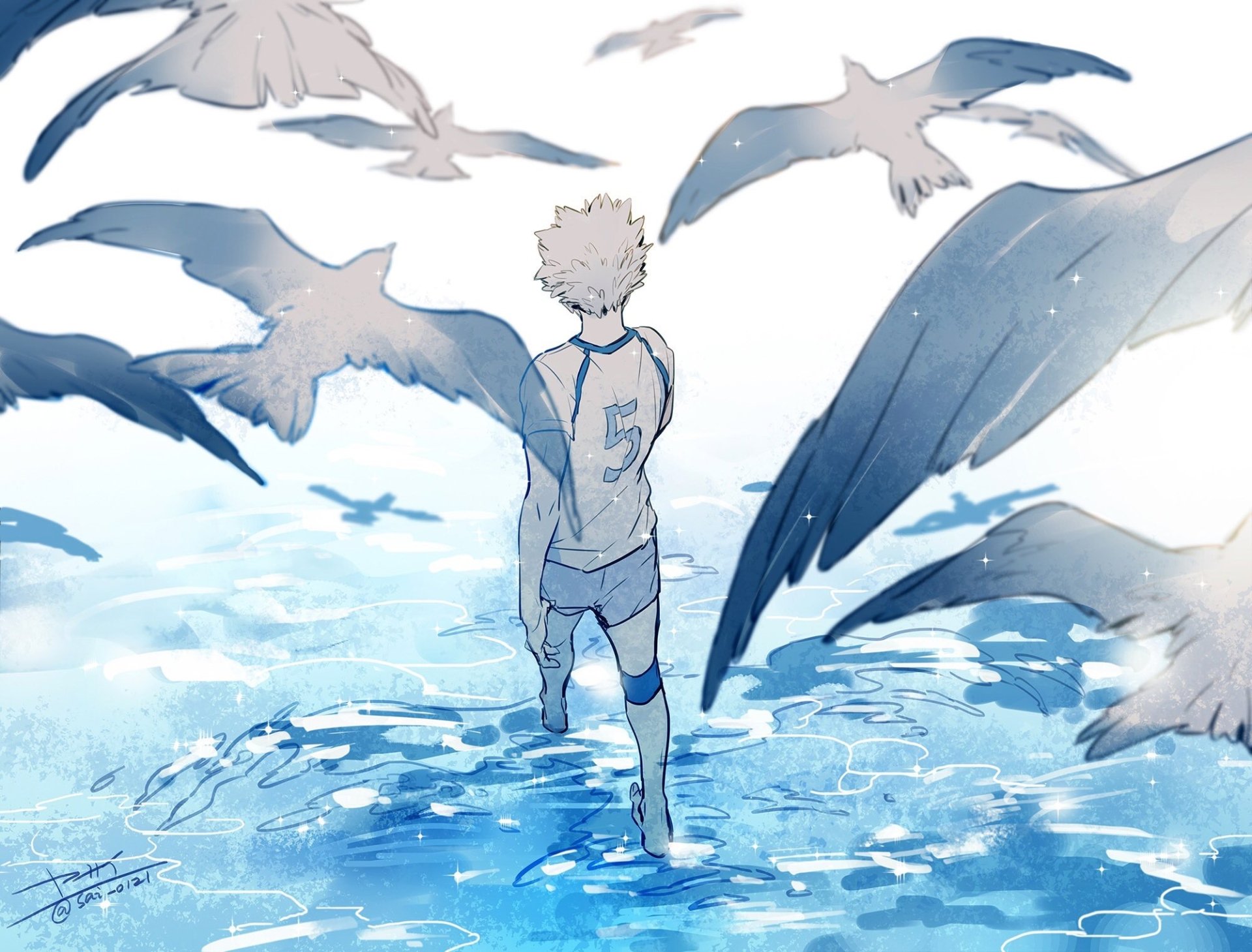 HD anime desktop wallpaper featuring Kōrai Hoshiumi from Haikyū!! running through water with seagulls flying overhead in a serene, blue-toned scene.