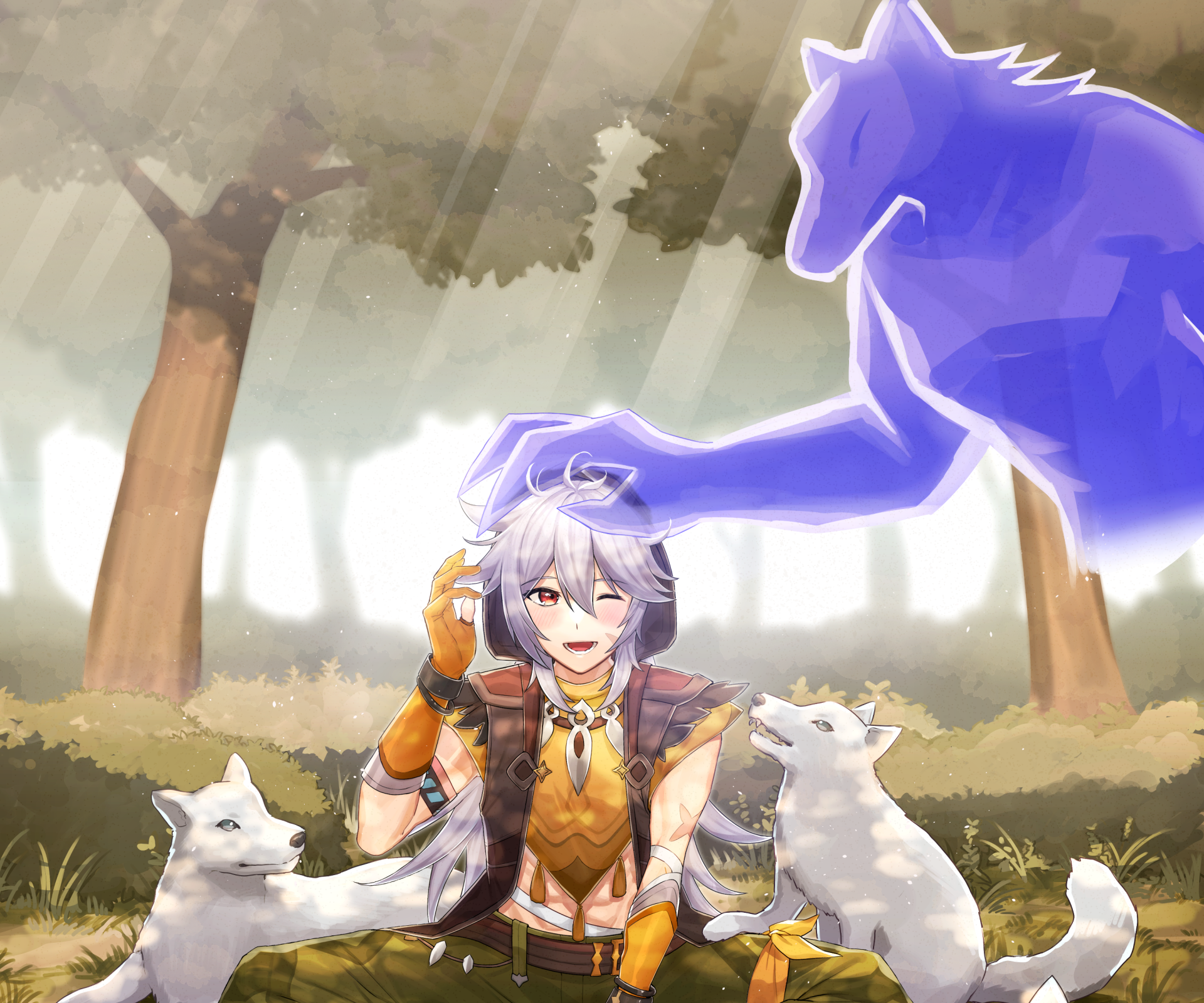 HD PC desktop wallpaper featuring Razor and Andrius from Genshin Impact, set in a serene forest scene with wolves and a glowing blue spirit.