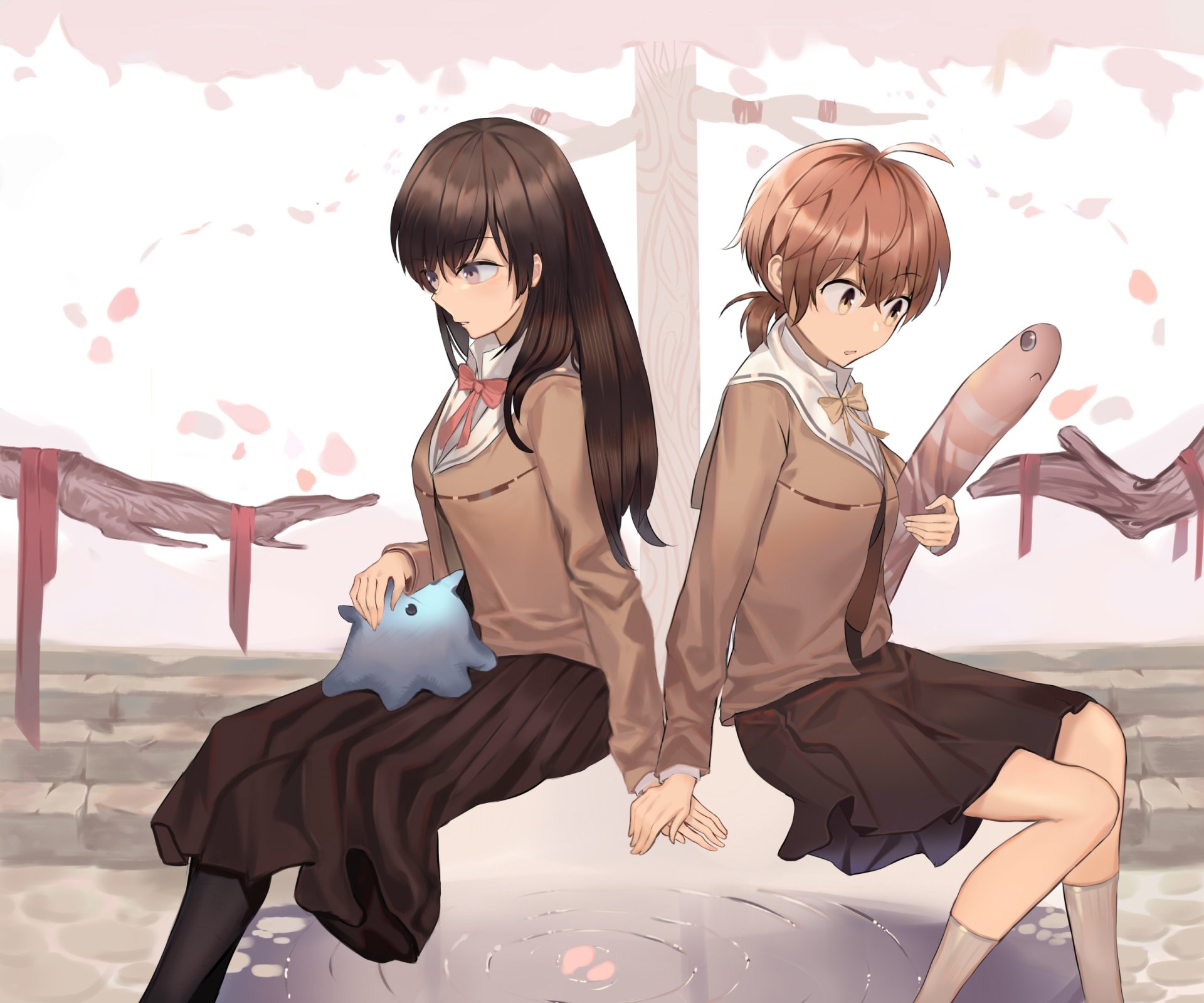 HD anime desktop wallpaper of Touko Nanami and Yuu Koito (Bloom Into You) in school uniforms, sitting back-to-back holding hands; Touko with a blue star plush, Yuu with a fish plush among falling petals.
