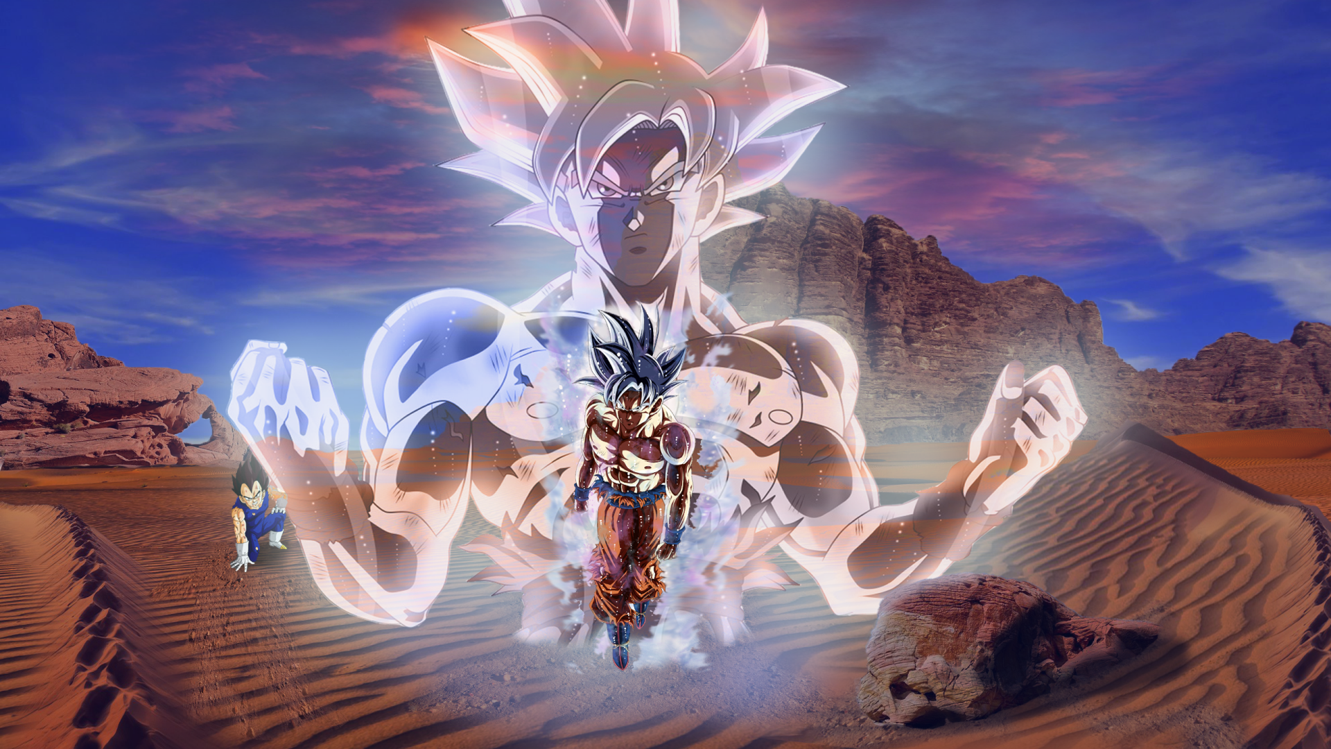HD PC desktop wallpaper featuring Goku and Vegeta from Dragon Ball Super posed dramatically in a desert landscape with a glowing, powerful aura.