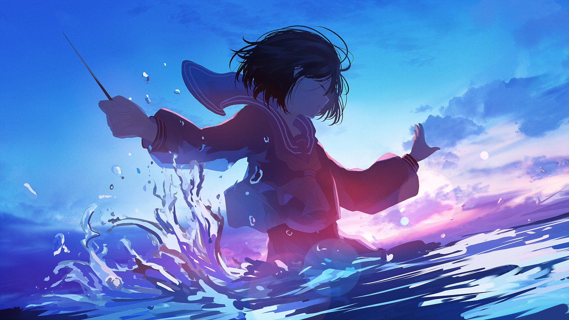 HD PC desktop wallpaper/background of an anime girl wading through glowing water at sunset, her coat and hair silhouetted against a vivid blue‑pink sky.