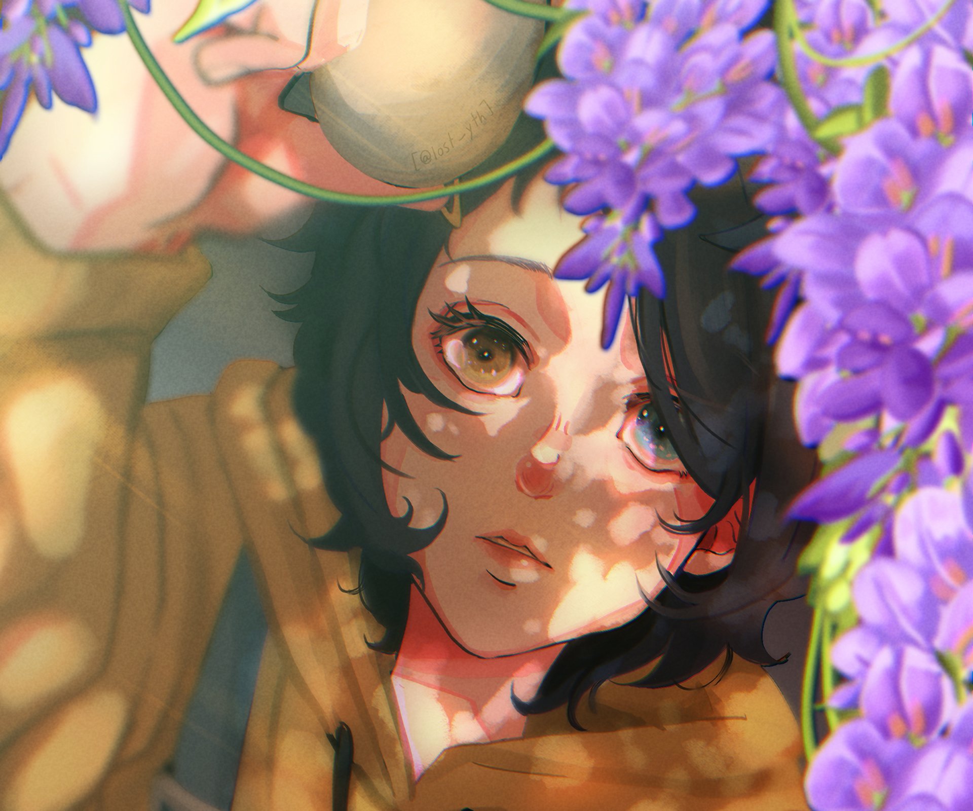 HD PC desktop wallpaper background of Ai Ohto from Wonder Egg Priority — an anime portrait with heterochromia, soft lighting and purple flowers framing her face.