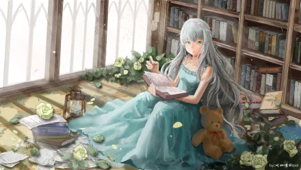 book teddy bear grey hair long hair dress Anime girl anime girl HD Desktop Wallpaper | Background Image