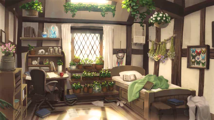 Cozy anime room: sunlit wooden-beamed bedroom/study with plants, desk, bookshelf and bed by a latticed window — 4K Ultra HD PC desktop wallpaper/background.