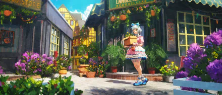 HD anime desktop wallpaper featuring a short-haired anime girl holding a box, surrounded by vibrant flowers in a charming, sunlit village setting.