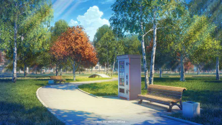 HD anime landscape desktop wallpaper featuring a serene park with winding paths, benches, autumn and green trees, and a vending machine under a bright blue sky.