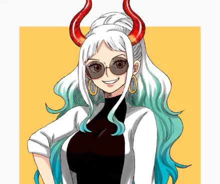 HD PC desktop wallpaper featuring Yamato from the anime One Piece, showcasing her with white and turquoise hair, red horns, sunglasses, and a confident smile.